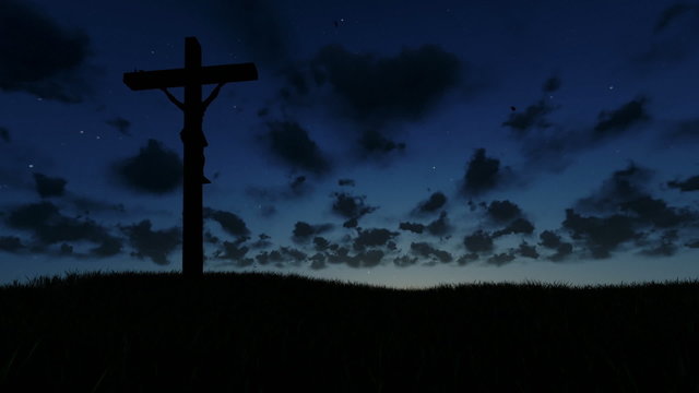 Jesus on Cross, meadow and time lapse sunrise, night to day