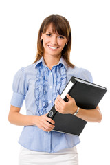 Businesswoman with black folder, isolated