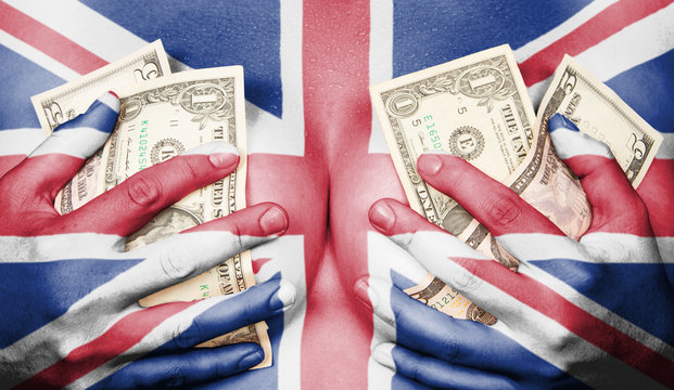 Sweaty girl covered her breast with money, flag of the UK