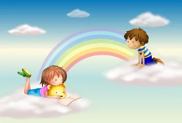 Stickers pour porte Arc en ciel Un arc-en-ciel avec des enfants