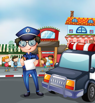 A policeman at a busy street