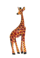 Hand carved wood giraffe on isolated white background