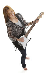 Young rock lady with an electric guitar view from above