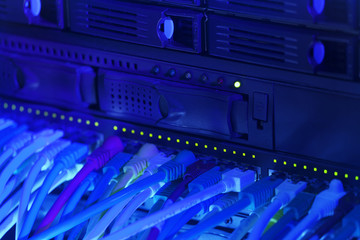 Network hub and server rack with cables toned in blue color