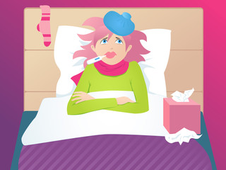 Sick woman in bed taking temperature