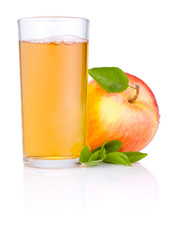 Apple juice in glass and Red juicy apple with green leaf on whit