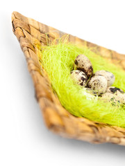 Easter quail eggs are on braided plate with sisal 
