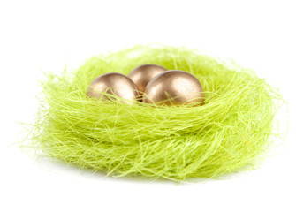 Golden eggs are in the nest of sisal material