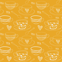 Love tea seamless pattern with tea cups and spoon