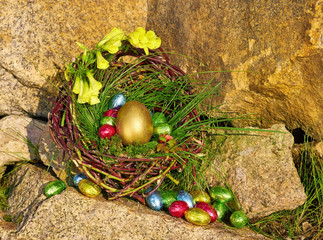 chocolate candy Easter eggs in nest