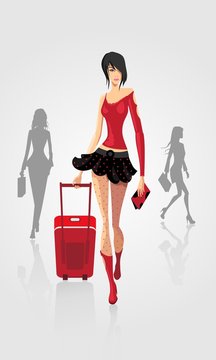 beautiful lady with luggage at the airport