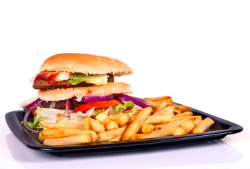 Hamburger with fries isolated on blue background