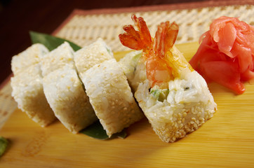 Japanese sushi made of Smoked fish  and sesam