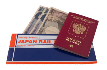 Japanese money, Russian passport, Japan Rail pass