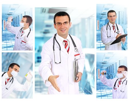 Set (collage) of young  doctor   in Hospital.