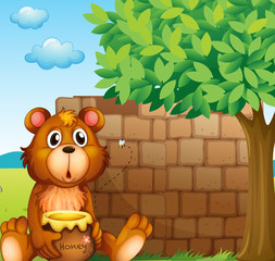 A bear with honey near a pile of bricks