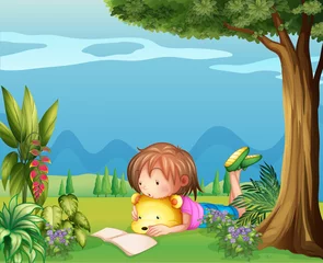 Washable wall murals Beren A girl with a bear reading a book