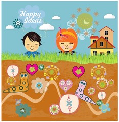 Happy children with fantasy landscape background. Vector