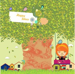 Happy girl on swing with fantasy landscape background. Vector