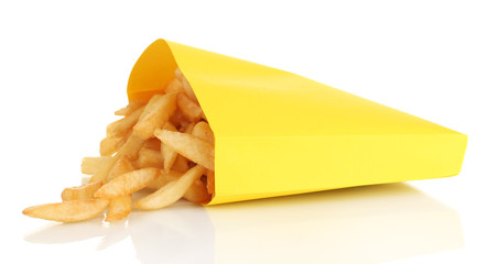 French fries in paper bag isolated on white
