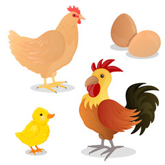 Vector Illustration of Rooster, Hen, Chick and Eggs