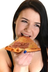Young happy woman eating pizza, isolated on white