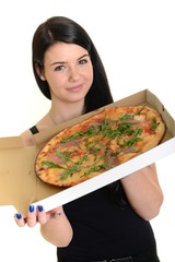 Young happy woman eating pizza, isolated on white