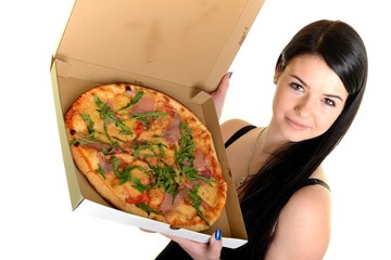 Young happy woman eating pizza, isolated on white