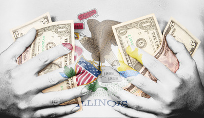 Sweaty girl covered her breast with money, flag of Illinois