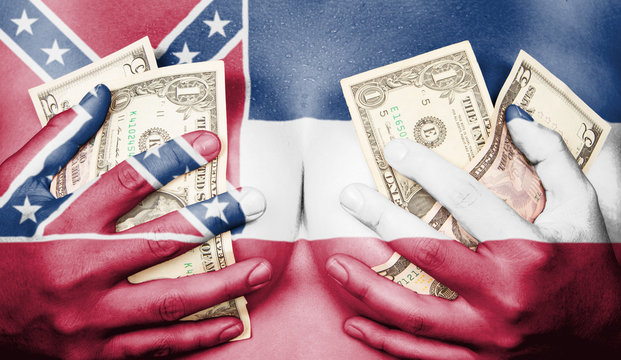 Sweaty girl covered her breast with money, flag of Mississippi