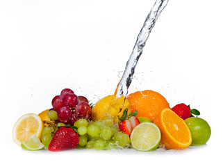 Fresh fruit with water splash, isolated on white background