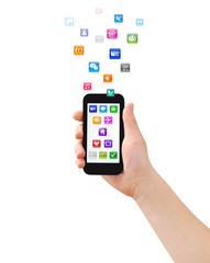 Hand holding smartphone with color icons, isolated