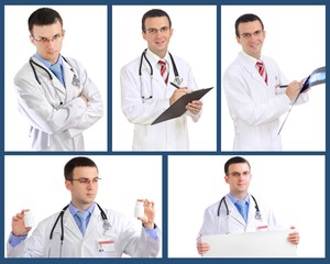 Set (collage) of doctor .Isolated over white background.