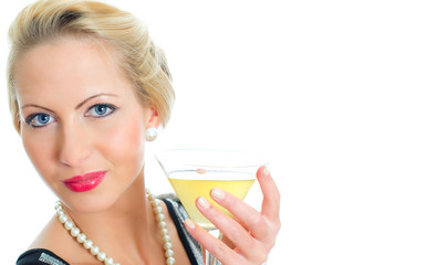 Young woman holding goblet with cocktail. Isolated on white