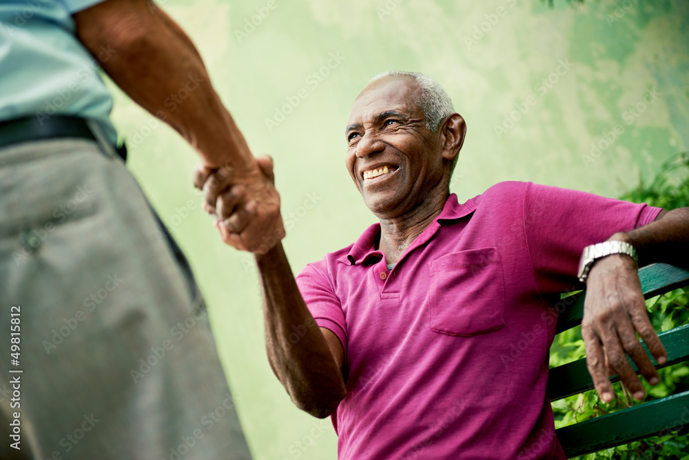 Wall mural old black and caucasian men meeting and shaking hands in park