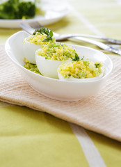 Eggs stuffed on a white dish