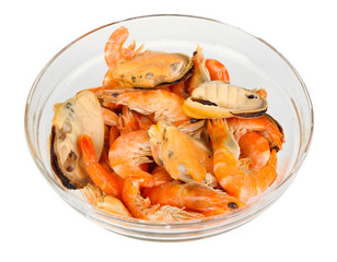 Seafood salad in bowl isolated on white