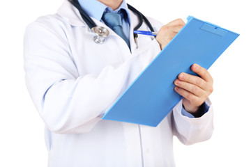 Medical doctor with stethoscope and clipboard isolated on white