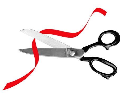 Ribbon and Scissors on White Background. Ceremonial Red Tape