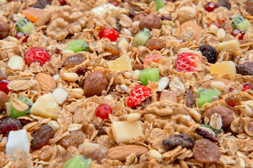 Mueslis cereals with oat flakes and fresh fruits