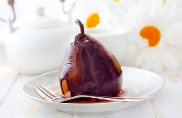 Pear with chocolate, sweet food
