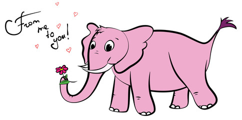 Pink elephant with a flower in his trunk