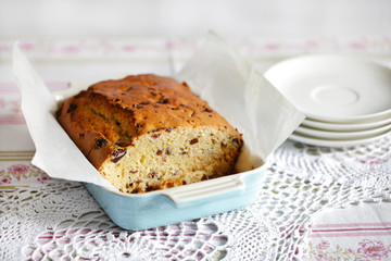 Sponge cake or sweet bread with chocolate and cranberries