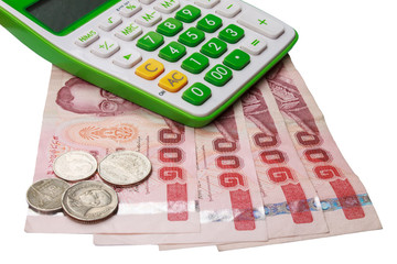 calculator and money isolated on white