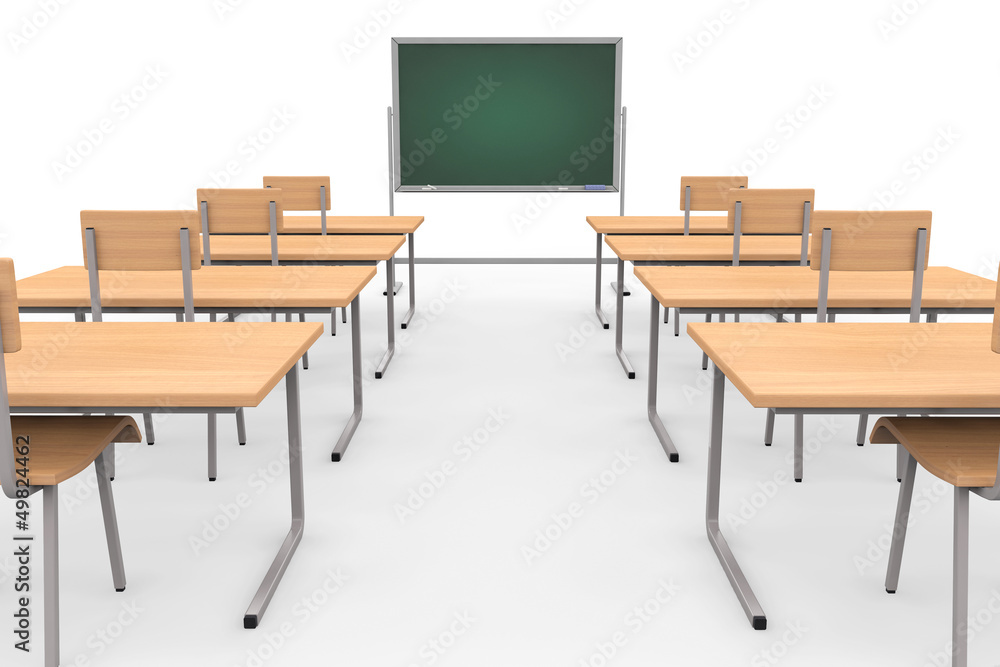 Poster Empty classroom with blackboard and desks