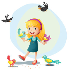 Une fille jouant avec les oiseaux