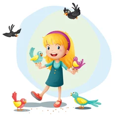 Raamstickers Een meisje dat met de vogels speelt © GraphicsRF