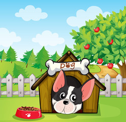 Een hond in een hondenhok in een achtertuin met een appelboom