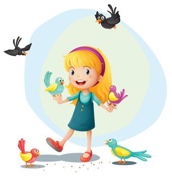 A girl playing with the birds