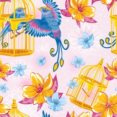 Wall murals Birds in cages Dream seamless pattern with birds and golden cages